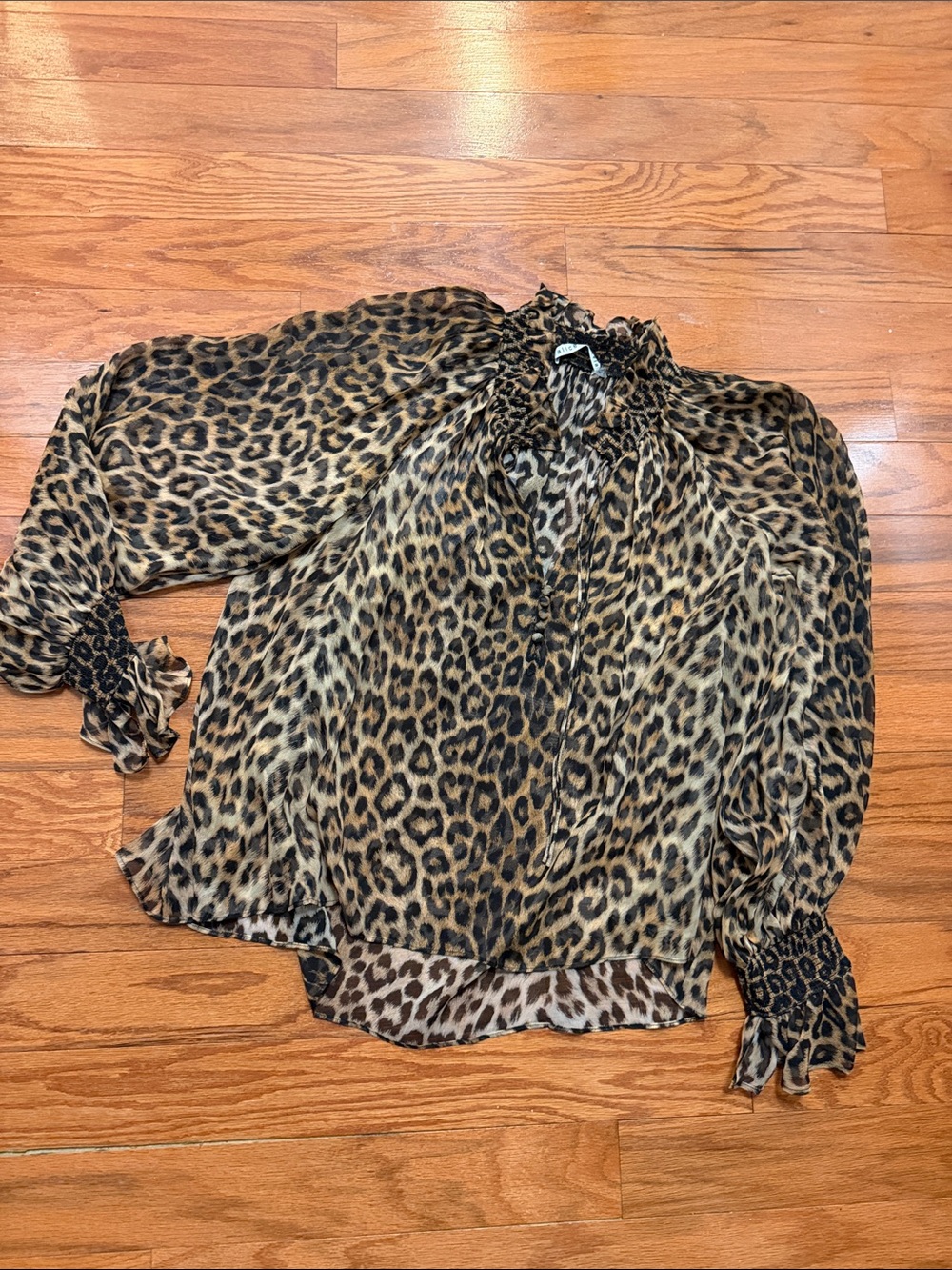 Sheer Leopard-Print Ruffle Neck Blouse - Brown/Black